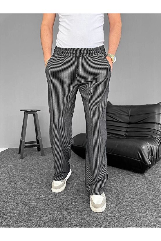 Su Yolu Çizgili Cepli Pantalon - Siyah