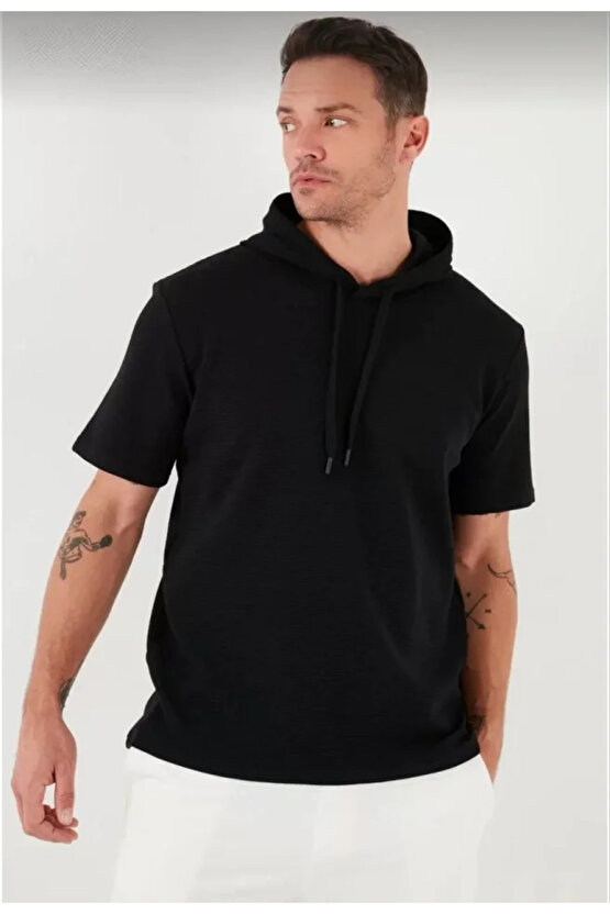 eyesof Unisex Kapşonlu Kısa Kol Düz Oversize T-shirt - Siyah