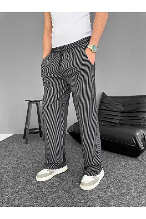 Su Yolu Çizgili Cepli Pantalon - Siyah