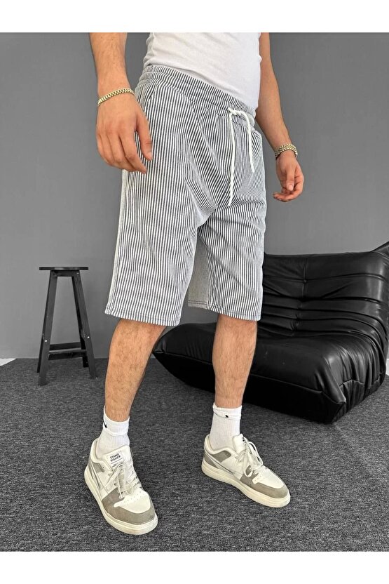 Su Yolu Çizgili Ön Arka Cepli Şort Yazlık Nefes Alabilir - Gri