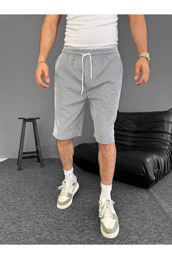 Su Yolu Çizgili Ön Arka Cepli Şort Yazlık Nefes Alabilir - Gri