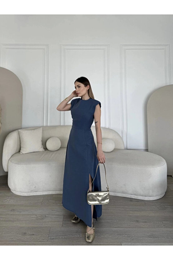Keten Yandan Yırtmaçlı Uzun Elbise Sıfır Kol Elbise - Mavi