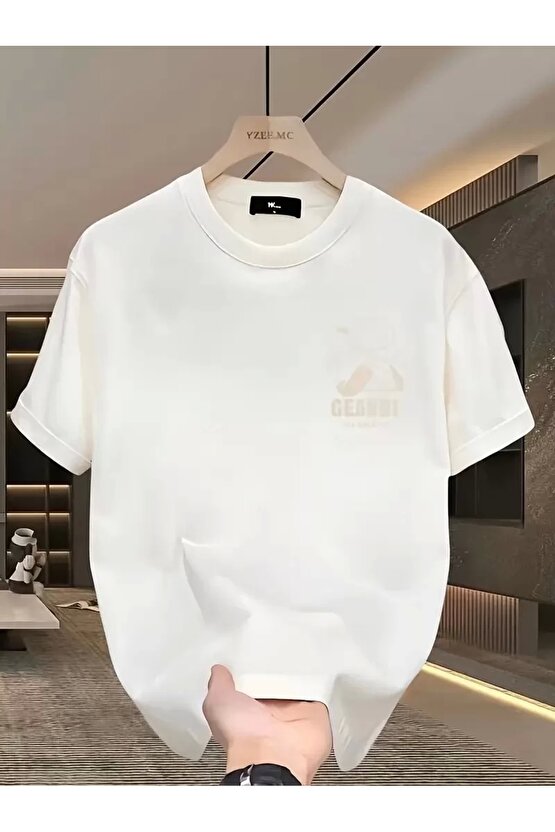 Geniş Kesim Pamuklu Tişört - GANDHI The Project Baskılı, Beyaz, Rahat Kesim, Kısa Kollu, Günlük Kı