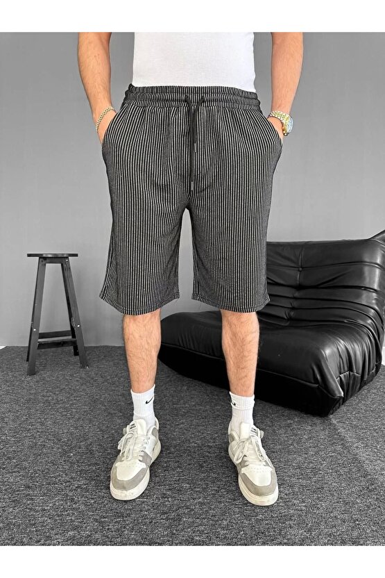 Su Yolu Çizgili Ön Arka Cepli Şort Yazlık Nefes Alabilir - Siyah