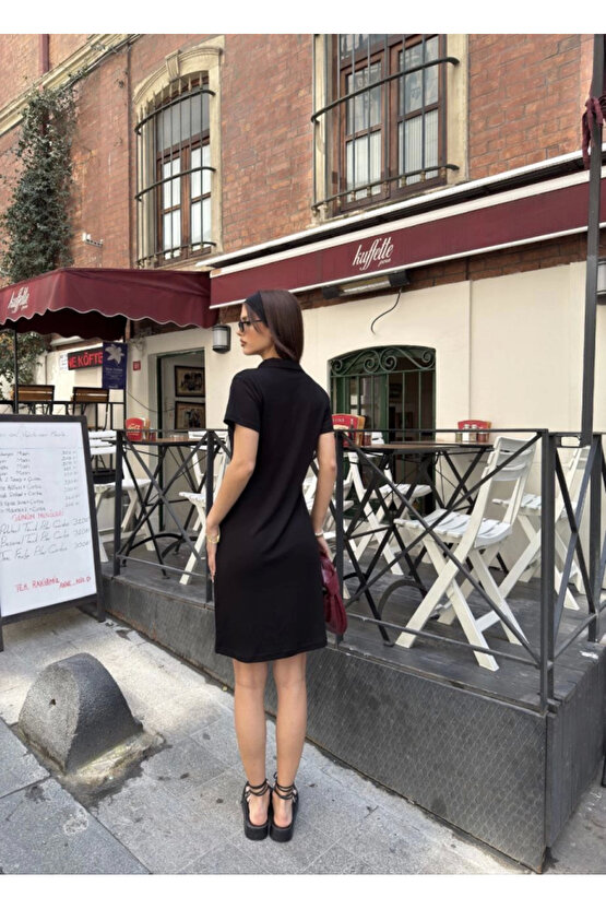 Osy Modal Yumuşak Dokulu Kumaş Yakalı Kısa Kollu Elbise - Siyah