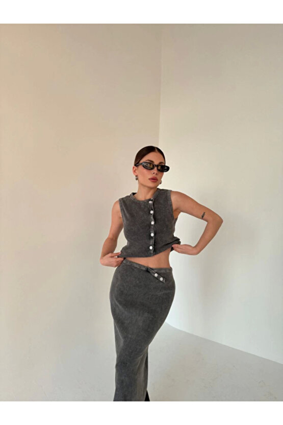 Uzun Etekli Önü Düğmeli Badi İkili Takım- Antrasit