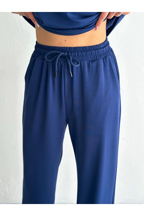 Osy Modal Yumuşak Dokulu Kumaş Kısa Kollu Yakalı T-shirt Pantalon Ikili Takım- Lacivert