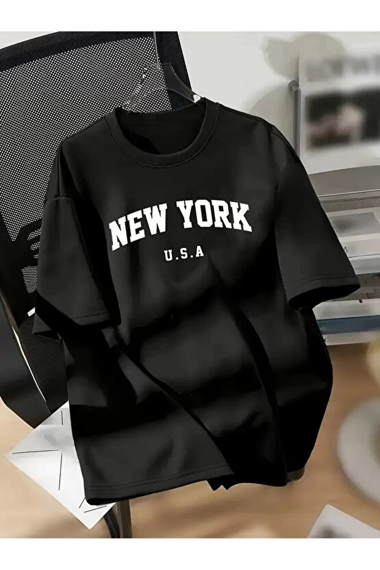 201 Penye Compack New York Baskılı Oversize Kısa Kol Bisiklet Yaka T-shirt - Siyah