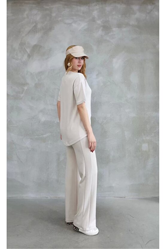 Osy Modal Yumuşak dokulu Kumaş Bisiklet Yaka Taş detaylı Kısa Kollu Takım - Kırık Beyaz