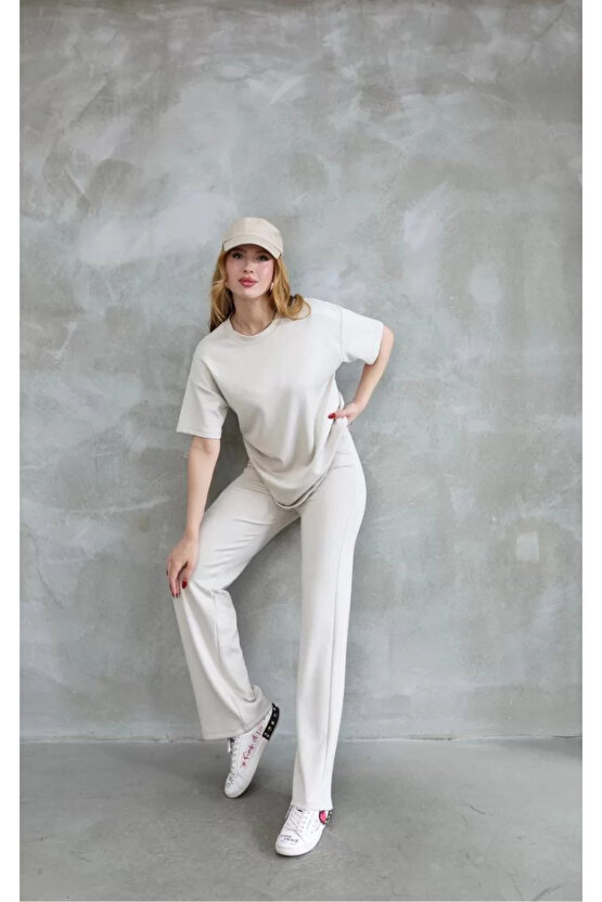 Osy Modal Yumuşak dokulu Kumaş Bisiklet Yaka Taş detaylı Kısa Kollu Takım - Kırık Beyaz