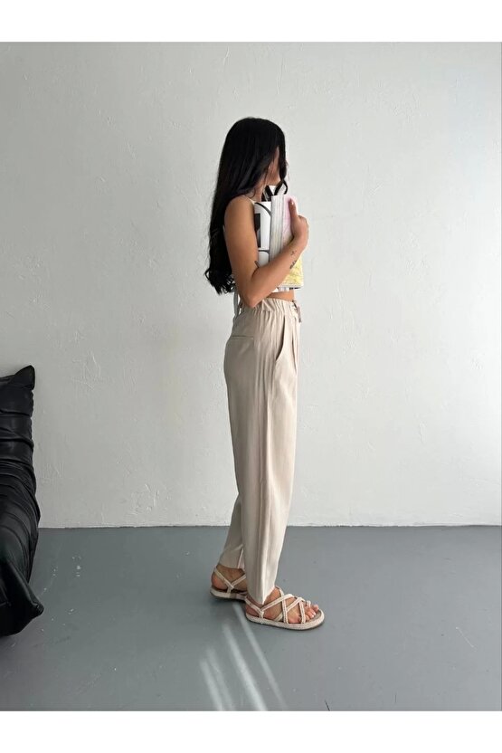 Kadın Yüksel Bel Beli Bağcıklı Rahat Boru Paça Pantalon - Kırık Beyaz