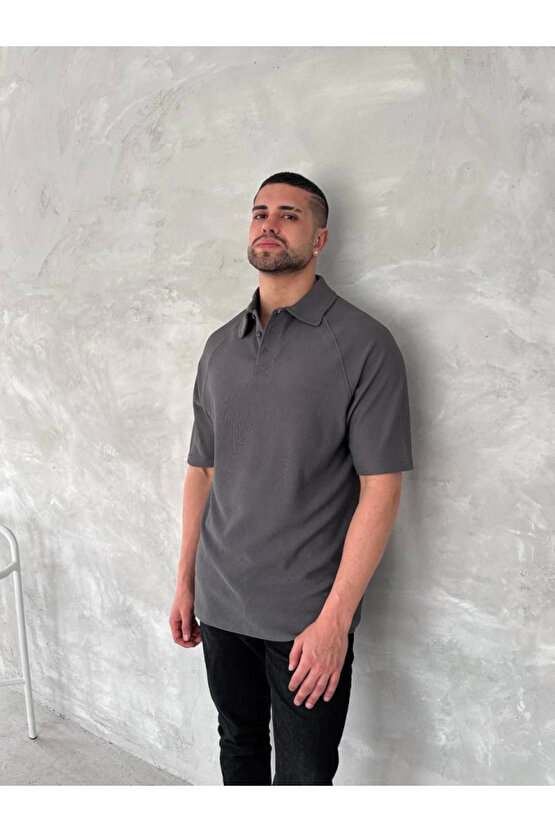 Yakalı Patlı Kısa Kol T-shirt - Antrasit