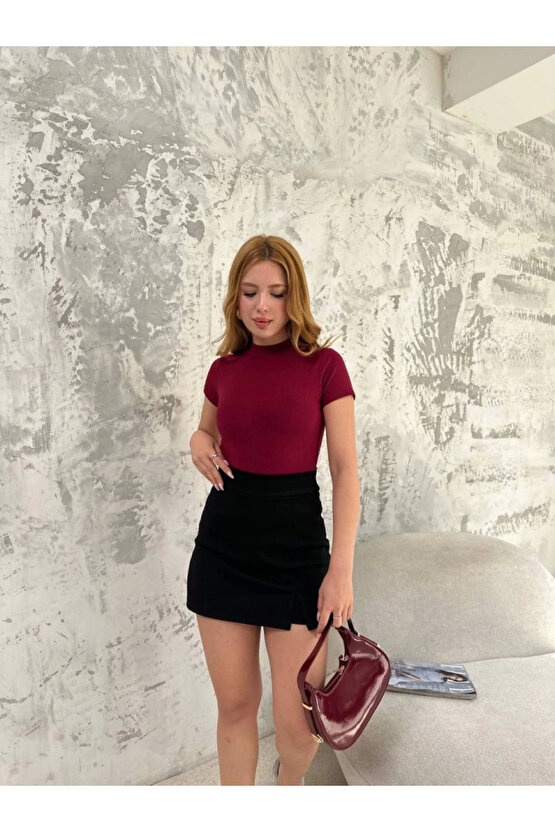 Kısa Kol Badi Bluz - Bordo