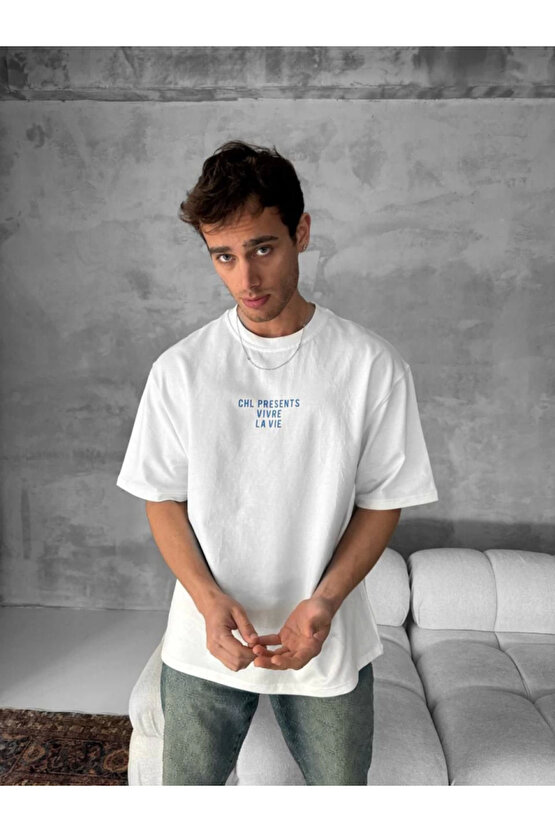 eyesof Ön Ve Arka Baskılı Oversize Bisiklet Yaka T-shirt- Beyaz