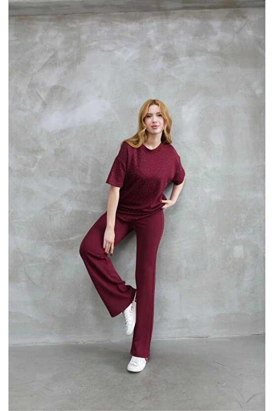 Bisiklet Yaka Taş detaylı Kısa Kollu Takım - Bordo