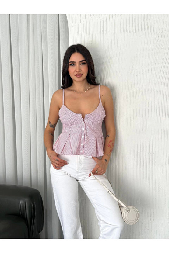 eyesof Askılı Dekolte Deraylı Crop - Kırmızı