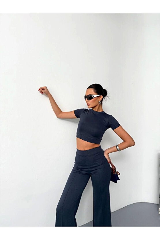 eyesof Osy Modal Yumuşak Dokulu Kumaş Kısa Kollu Crop Alt Ispanyol Paça Pantalon Ikili Takım - Füme