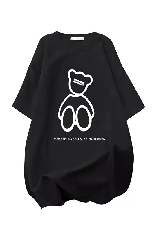 201 Penye Compack Ön Arka Baskılı Oversize Bisiklet Yaka T-shirt - Siyah