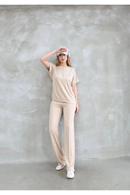 eyesof Osy Modal Yumuşak Dokulu Kumaş Bisiklet Yaka Kısa Kollu Takım - Bej