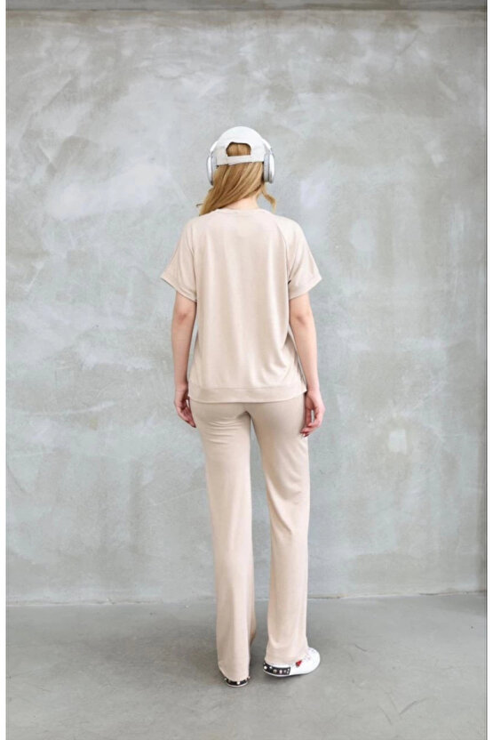 eyesof Osy Modal Yumuşak Dokulu Kumaş Bisiklet Yaka Kısa Kollu Takım - Bej