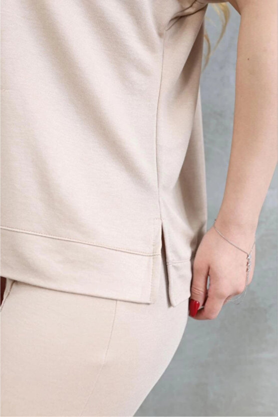 eyesof Osy Modal Yumuşak Dokulu Kumaş Bisiklet Yaka Kısa Kollu Takım - Bej