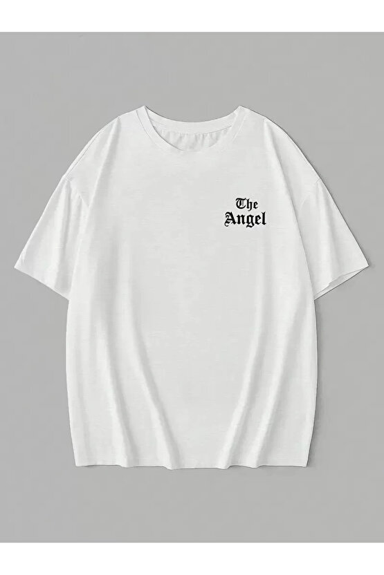 201 Penye Compack Dark Angel Baskılı Oversize Kısa Kol Yazlık T-shirt- Beyaz