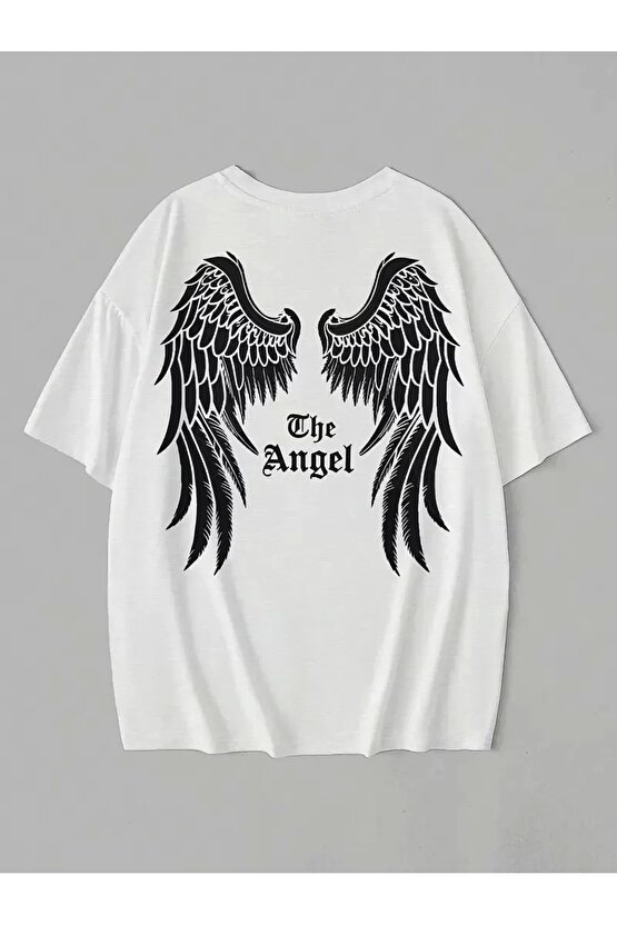 201 Penye Compack Dark Angel Baskılı Oversize Kısa Kol Yazlık T-shirt- Beyaz