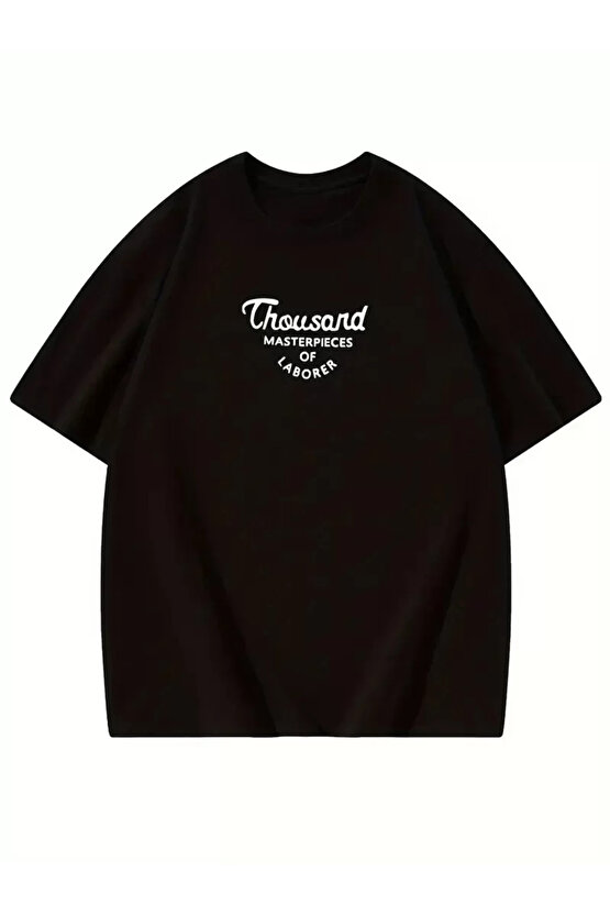 Thousand Ön Arka Baskılı Oversize Bisiklet Yaka T-shirt - Siyah