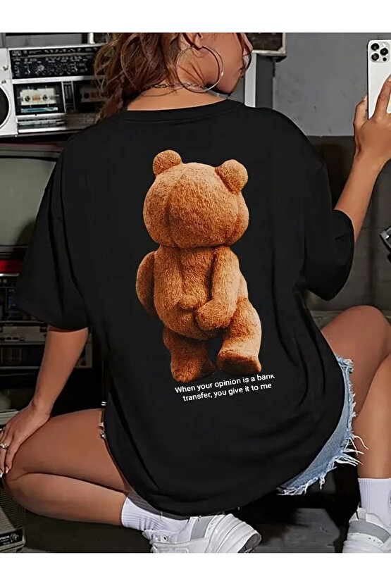 Büyük Boy Ayıcık Baskılı Bisiklet Yaka T-Shirt, İlkbahar & Yaz İçin Rahat Kısa Kollu T-Shi