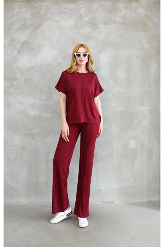 Osy Kadın Yumuşak Dokulu Kumaş Bisiklet Yaka Kısa Kollu Bordo Takım