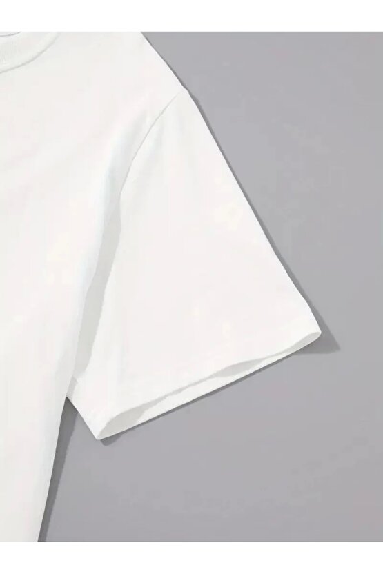 201 Penye Compack Uçak Baskılı Oversize Bisiklet Yaka Kısa Kol T-shirt - Beyaz