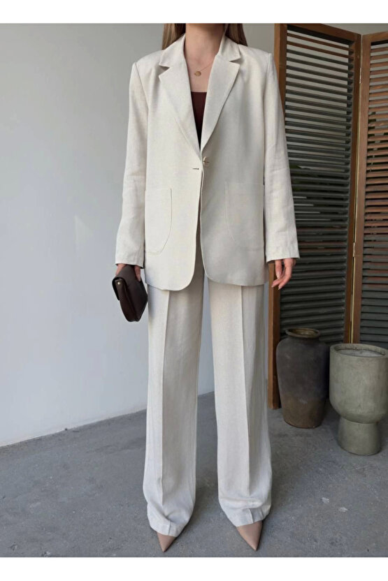 Keten Ceket Pantolon Ikili Takım - Beyaz