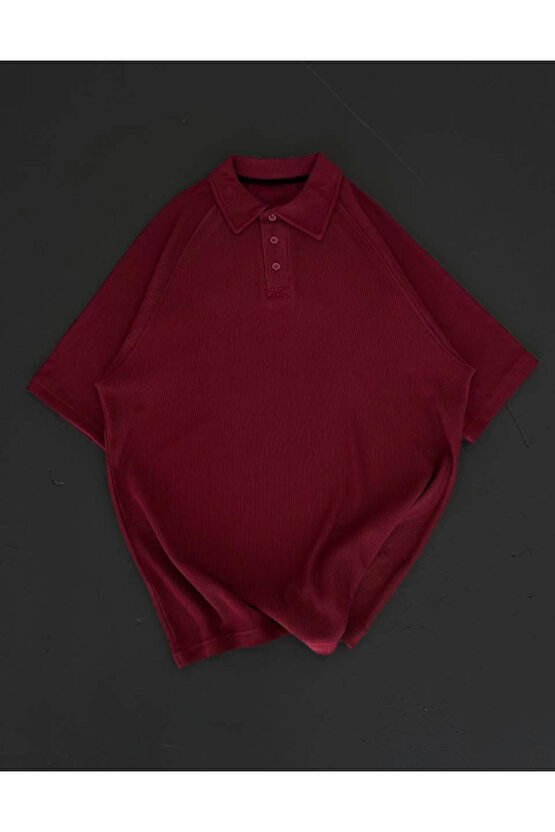 Yakalı Patlı Kısa Kol T-shirt - Bordo