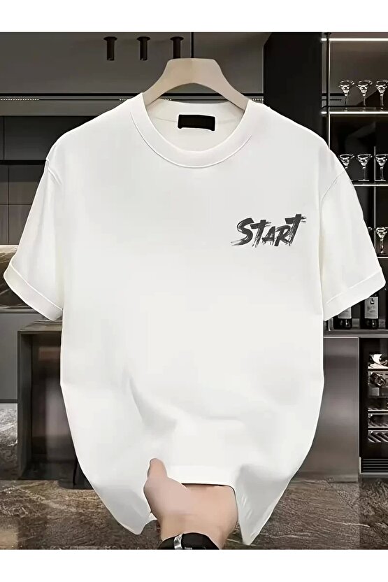 201 Penye Compack Start All Over Baskılı Oversize Bisiklet Yaka Kısa Kol Yazlık T-shirt - Beyaz
