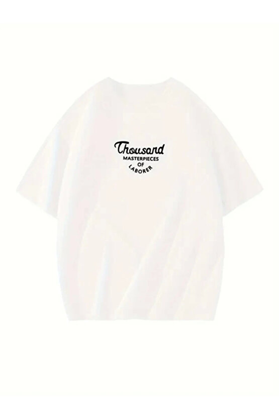 eyesof Thousand Baskılı Oversize Bisiklet Yaka T-shirt - Beyaz