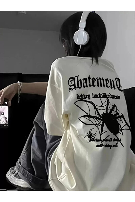 Örümcek Ağı Desenli Baskılı Oversize Bisiklet Yaka T-shirt - Beyaz