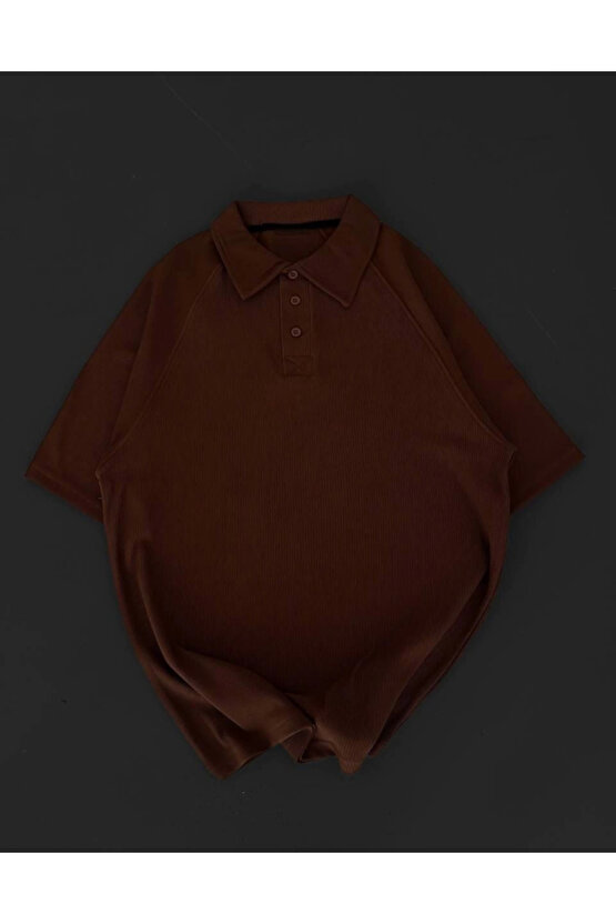 Yakalı Patlı Kısa Kol T-shirt - Kahverengi