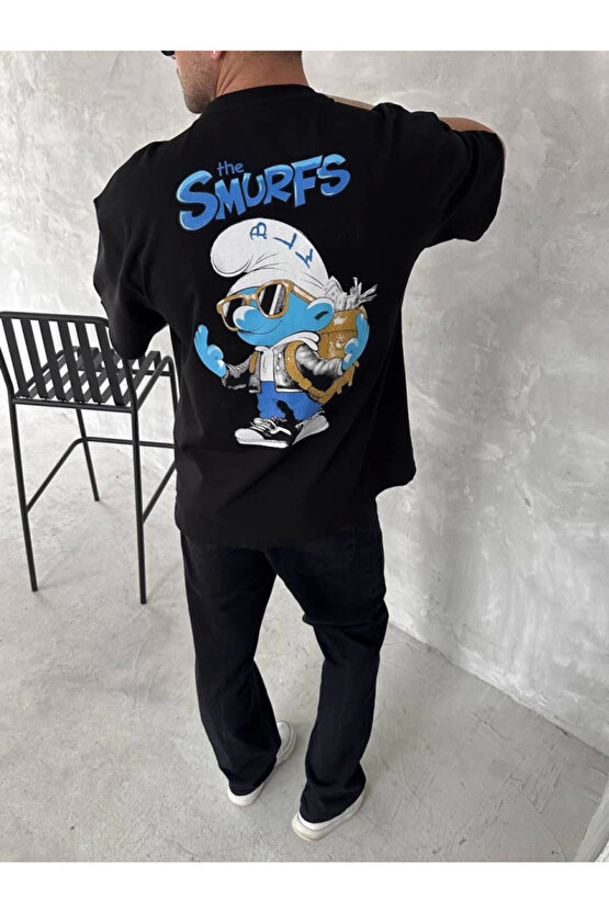 eyesof Ön Ve Arka Baskılı Oversize Bisiklet Yaka T-shirt- Siyah