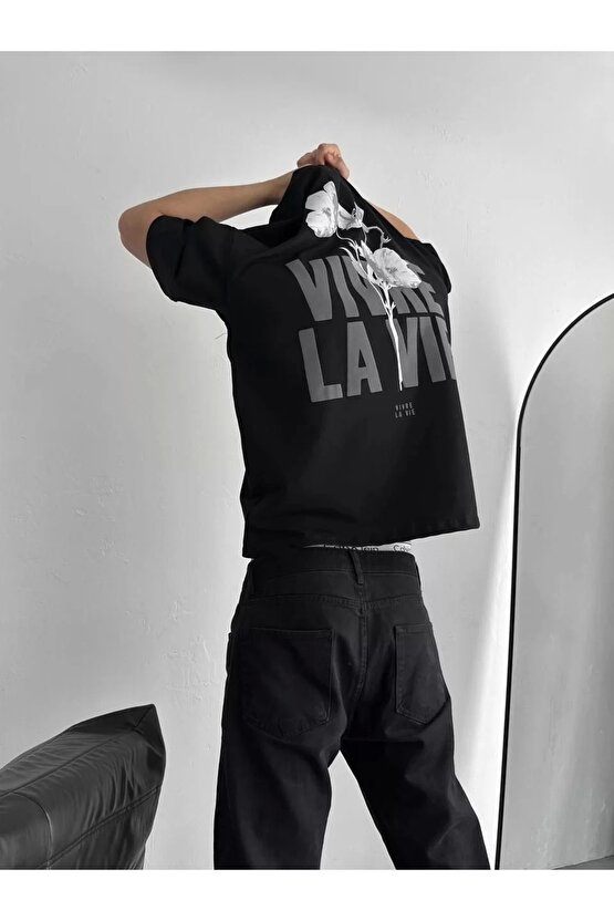 Baskılı Oversize Bisiklet Yaka T-shirt - Siyah