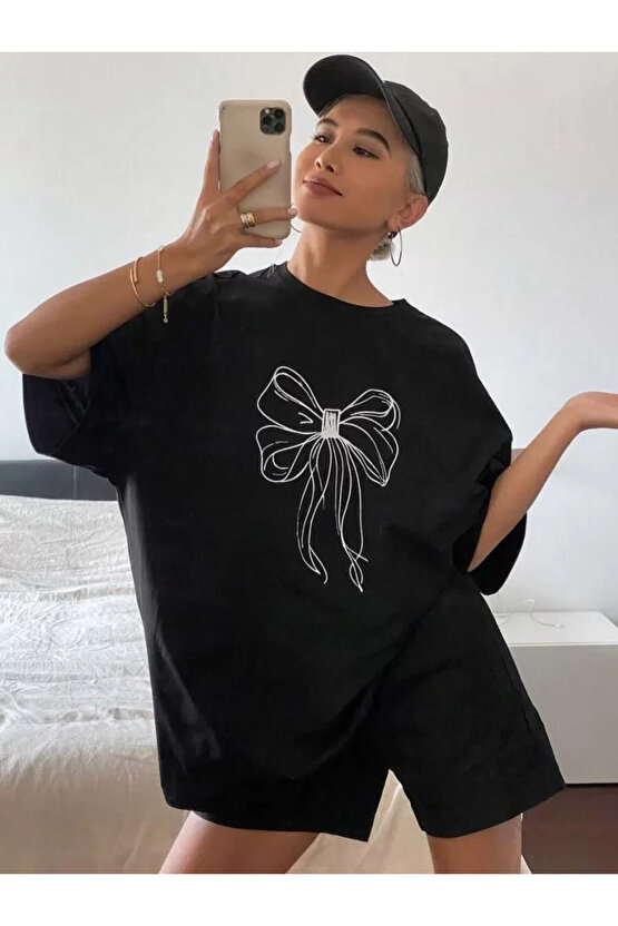 Kadın Baskılı Oversize T-shirt - Siyah