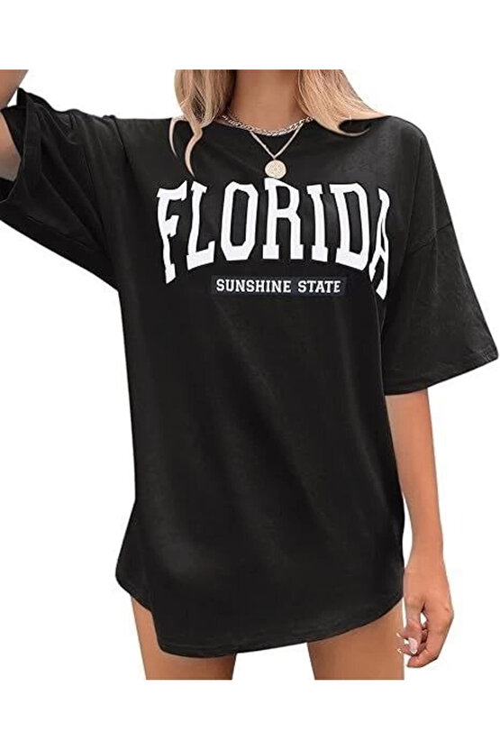 Kadın Bisiklet Yaka Baskılı Siyah T-shirt