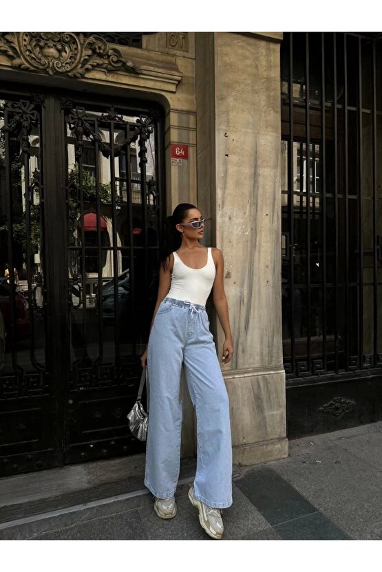 Kadın Arkadan Yırtmaçlı Jeans Kot Palazzo Pantolon - Mavi