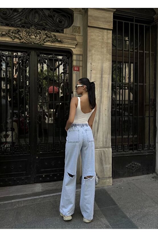 Kadın Arkadan Yırtmaçlı Jeans Kot Palazzo Pantolon - Mavi