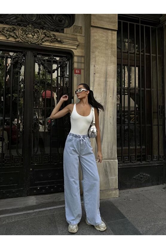 Kadın Arkadan Yırtmaçlı Jeans Kot Palazzo Pantolon - Mavi