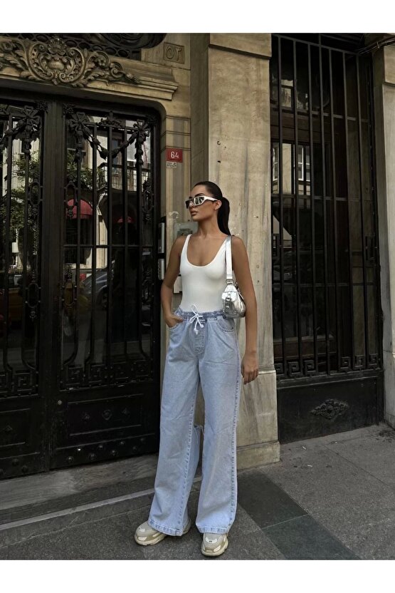 Kadın Arkadan Yırtmaçlı Jeans Kot Palazzo Pantolon - Mavi