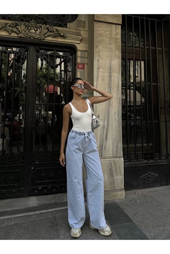 Kadın Arkadan Yırtmaçlı Jeans Kot Palazzo Pantolon - Mavi