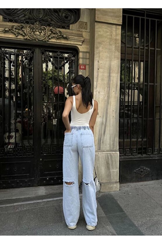 Kadın Arkadan Yırtmaçlı Jeans Kot Palazzo Pantolon - Mavi