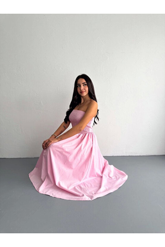 Straplez Pileli Elbise - Pembe