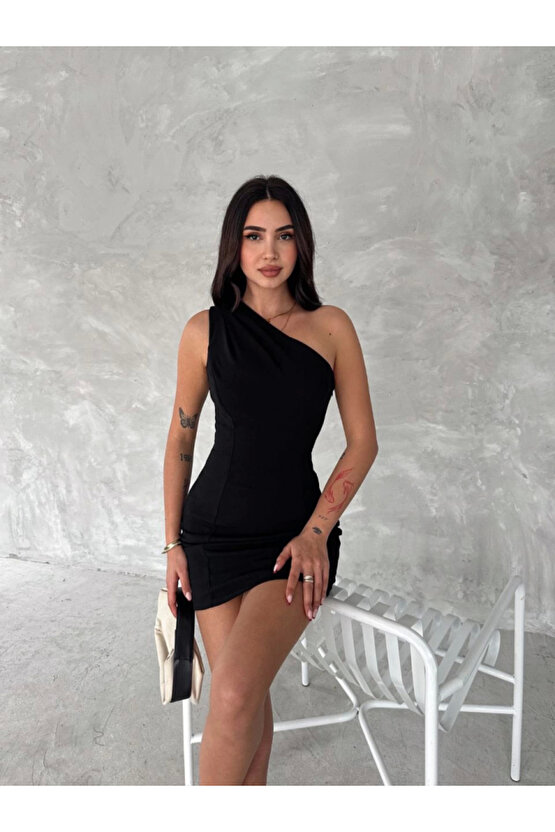 Tek Omuzlu Kolsuz Mini Boy Elbise - Siyah