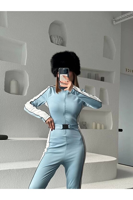 Kemer Detaylı Fermuarlı Tulum - Bebe Mavisi